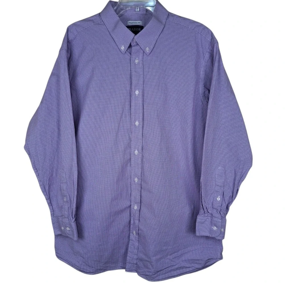 Jos. A. Bank Men's 18 34/35 Shirt Purple Micro Check Plaid Long Sleeve Stretch
